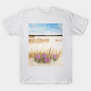 Crocuses on a snowy Prairie T-Shirt